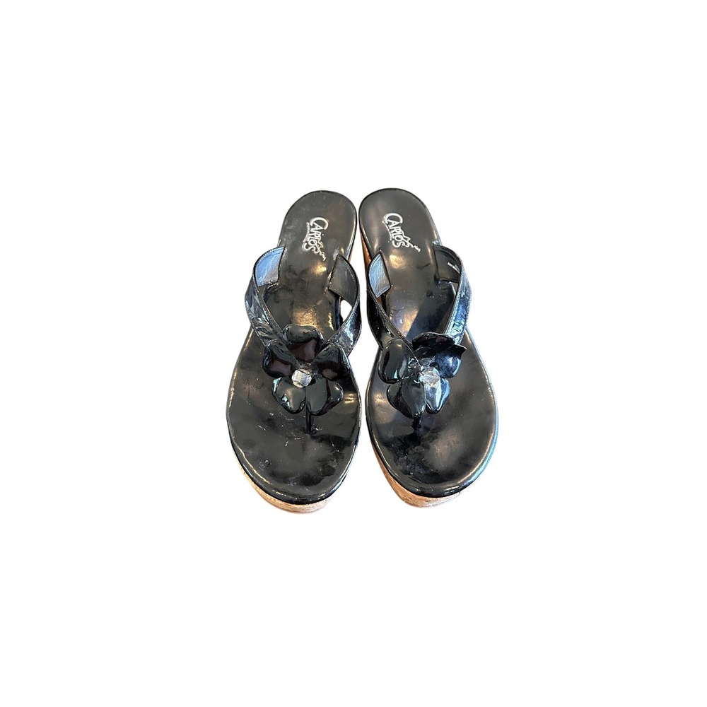 Carlos by Carlos Santana Black Patent Leather Floral Cork Wedge Sandals 7M